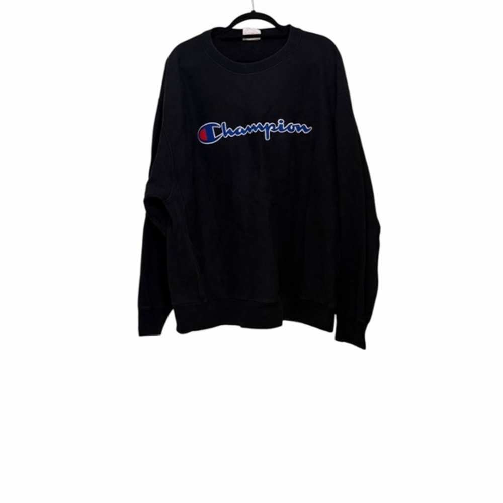 Champion Black Crewneck Sweatshirt with Blue & Red Logo Script - Picture 1 of 7